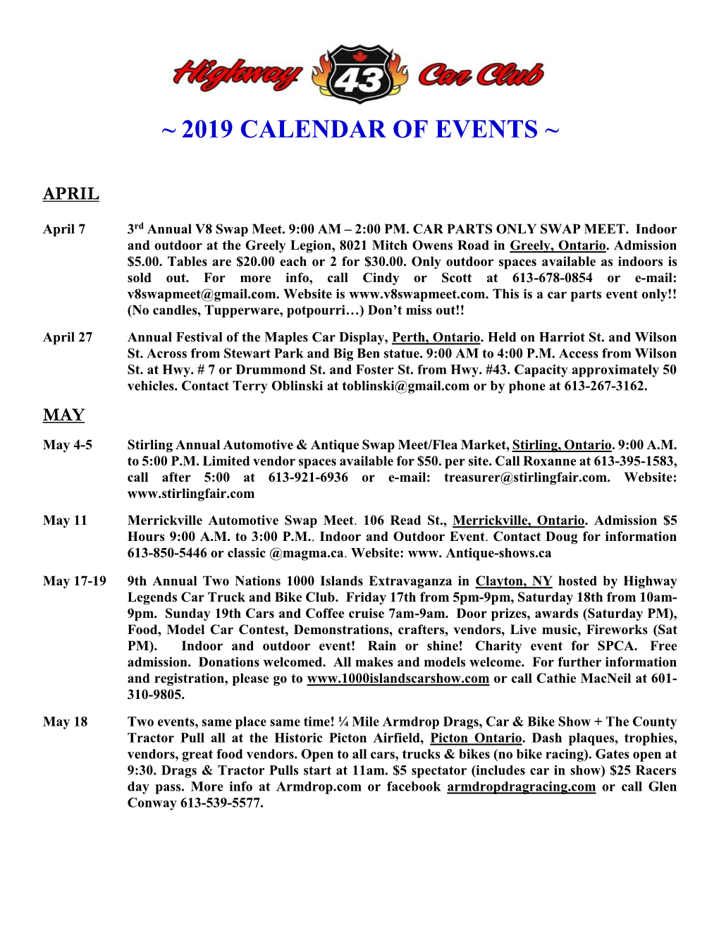 2019 Calendar of Events ~