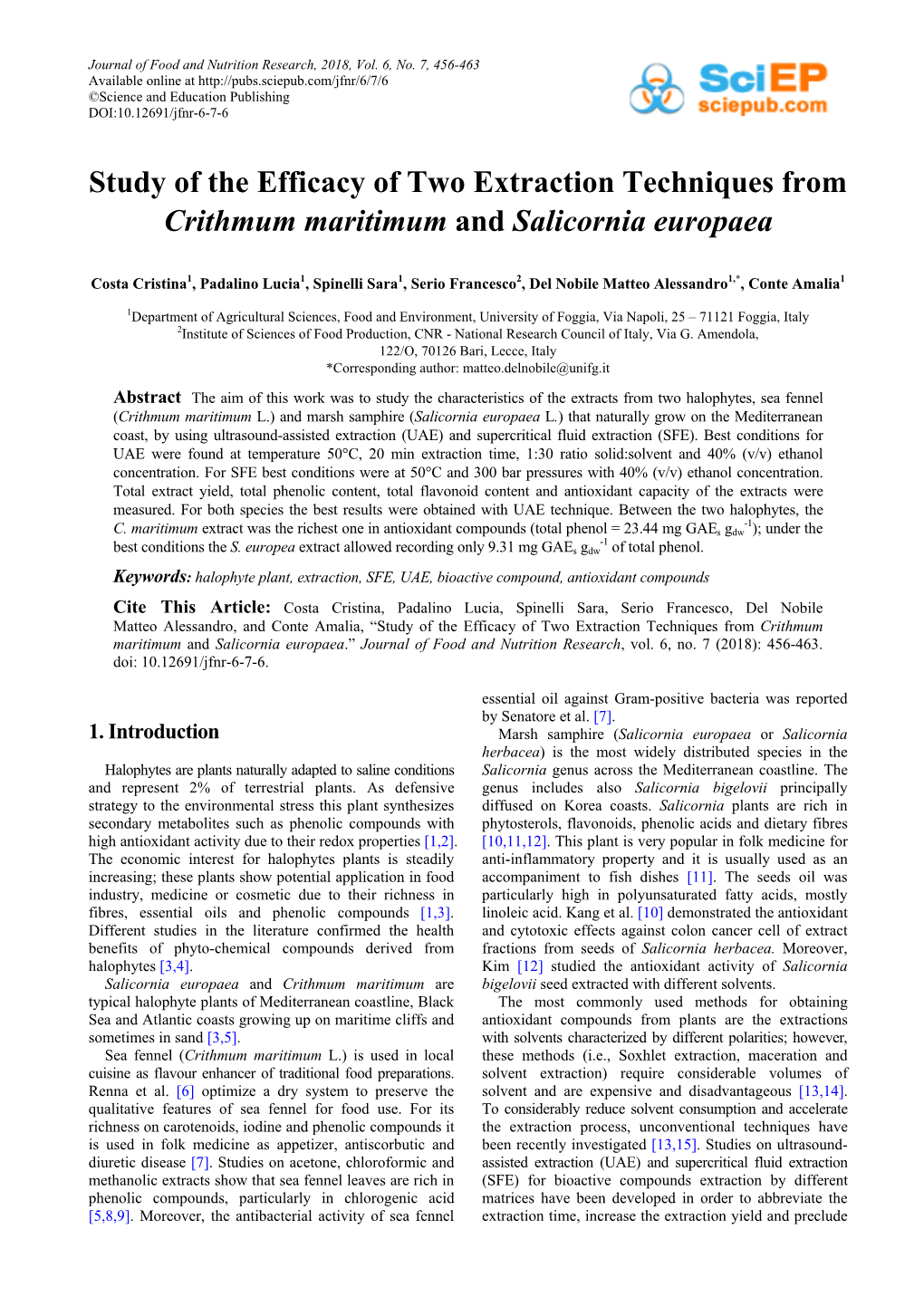 Study of the Efficacy of Two Extraction Techniques from Crithmum Maritimum and Salicornia Europaea