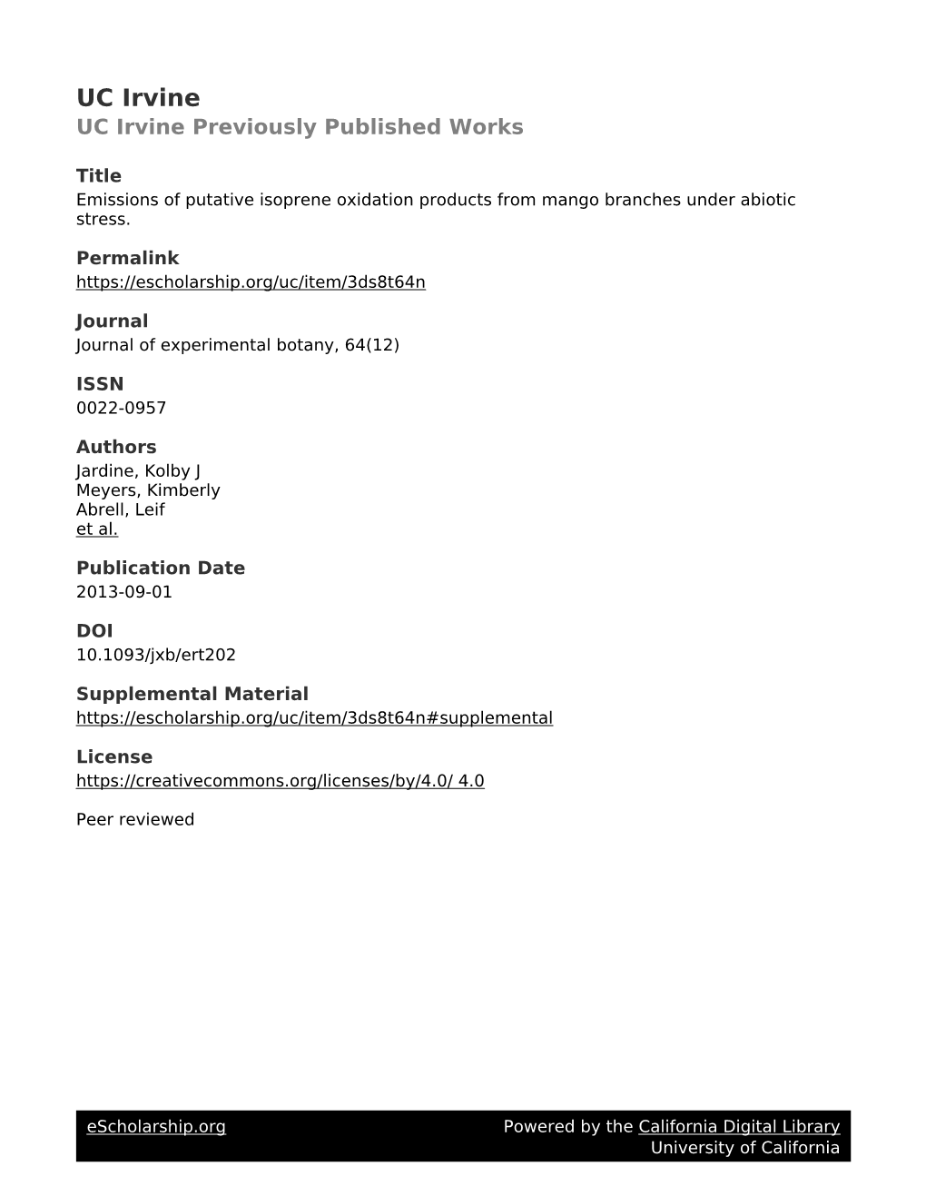 Emissions of Putative Isoprene Oxidation Products from Mango Branches Under Abiotic Stress