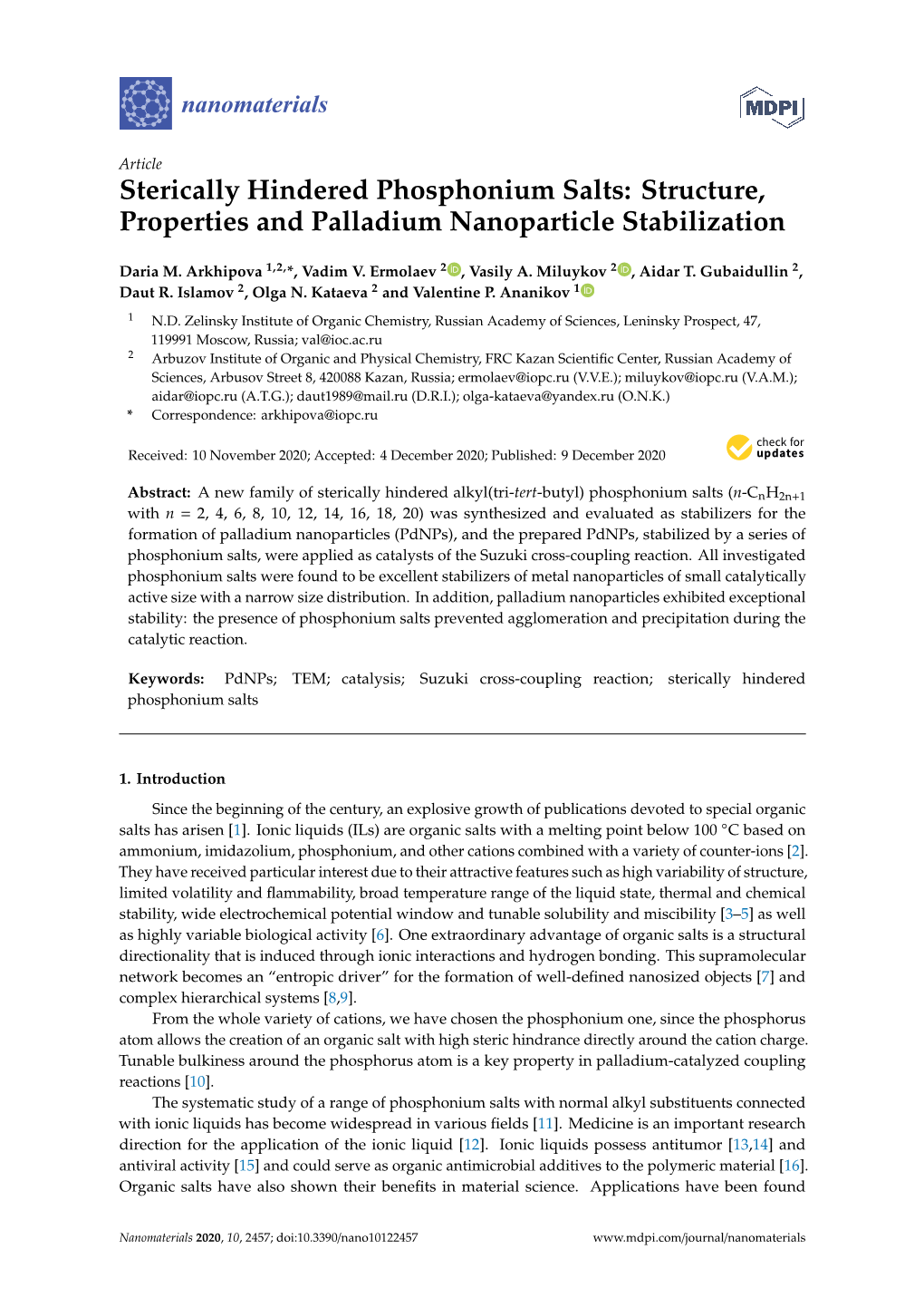 Sterically Hindered Phosphonium Salts: Structure, Properties and Palladium Nanoparticle Stabilization