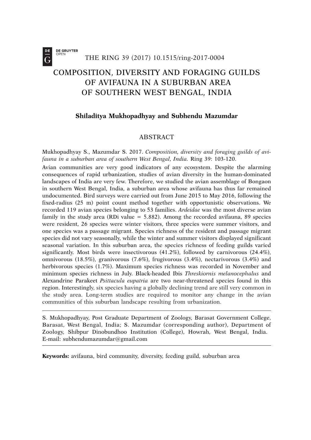 Composition, Diversity and Foraging Guilds of Avifauna in a Suburban Area of Southern West Bengal, India