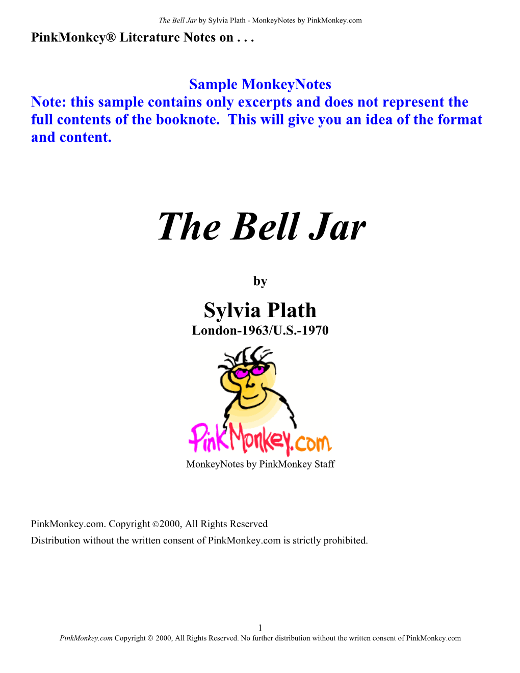 The Bell Jar by Sylvia Plath - Monkeynotes by Pinkmonkey.Com Pinkmonkey® Literature Notes On