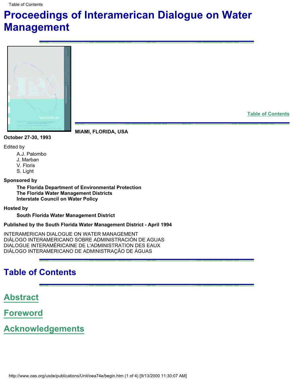 Table of Contents Proceedings of Interamerican Dialogue on Water Management