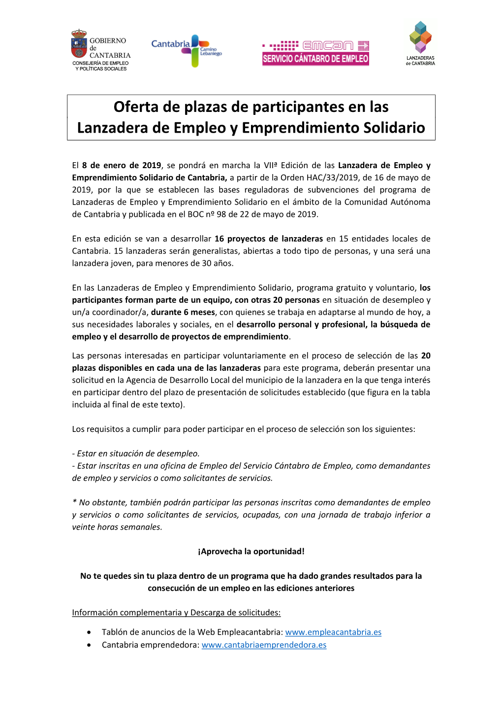 Oferta Plazas Participantes Lanzadera Empleo Y Emprendimiento