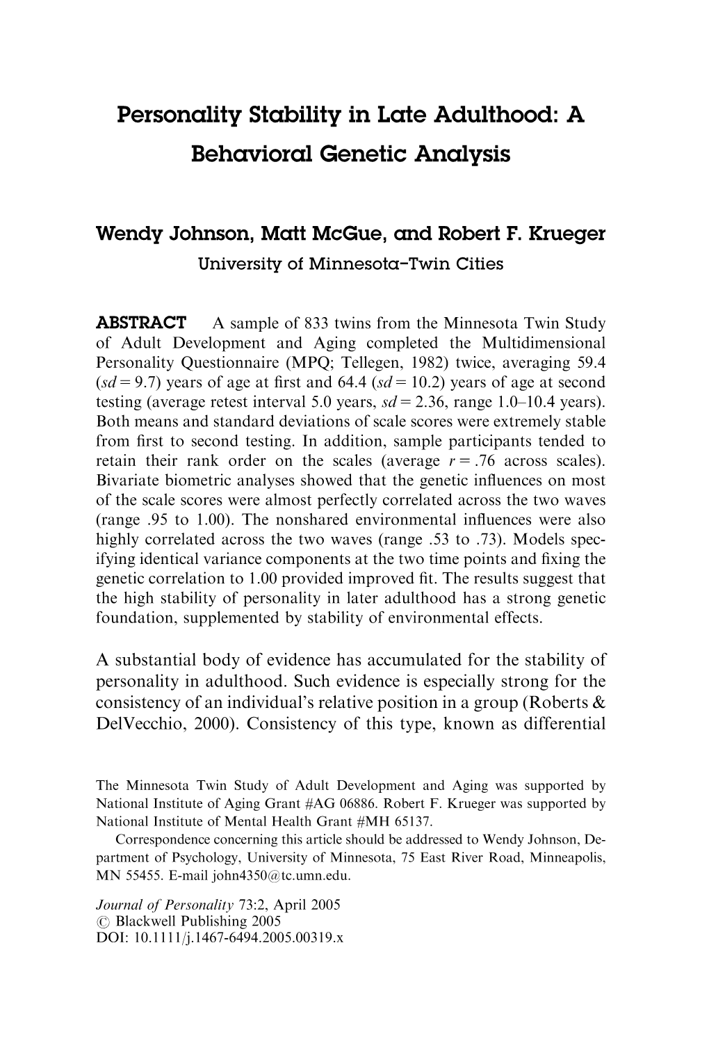 Personality Stability in Late Adulthood: a Behavioral Genetic Analysis