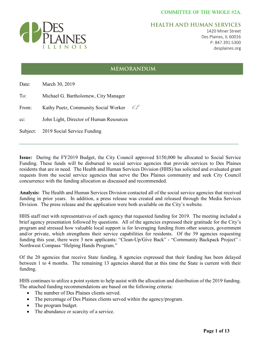 HEALTH and HUMAN SERVICES Date: March 30, 2019 To: Michael G