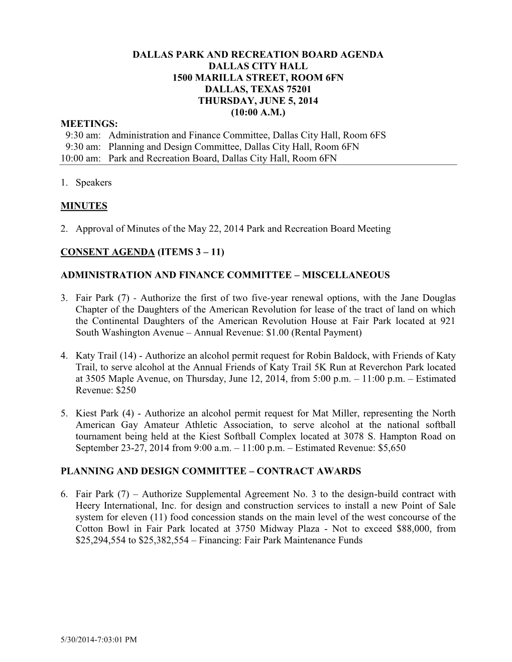 Draft Agenda – Park and Recreation Board