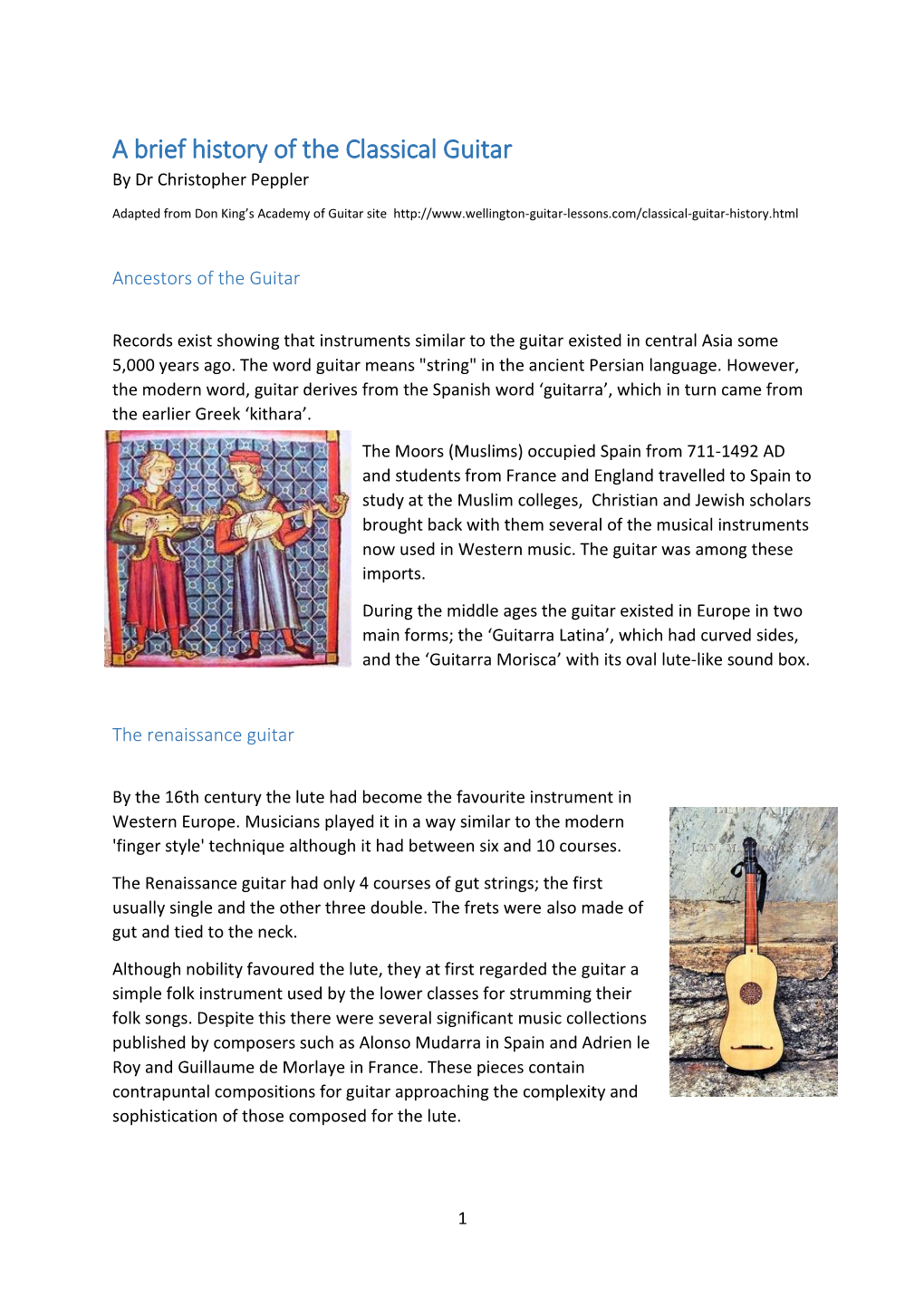 A Brief History of the Classical Guitar by Dr Christopher Peppler