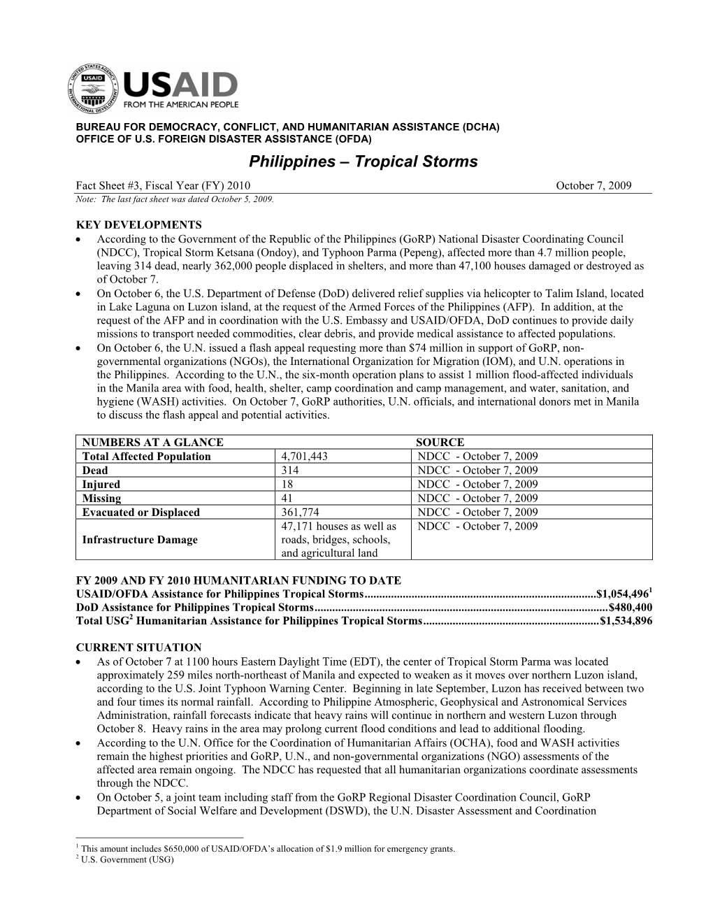 OFDA Philippines Tropical Storms Fact Sheet #3 10/07/2009