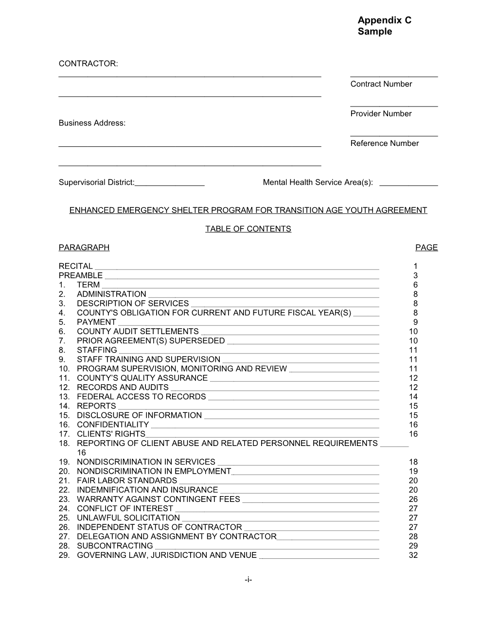 ENHANCED Emergency Shelter Program for TRANSITION AGE YOUTH AGREEMENT