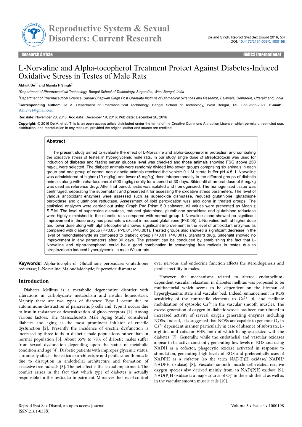 L-Norvaline and Alpha-Tocopherol Treatment Protect Against Diabetes-Induced Oxidative Stress in Testes of Male Rats