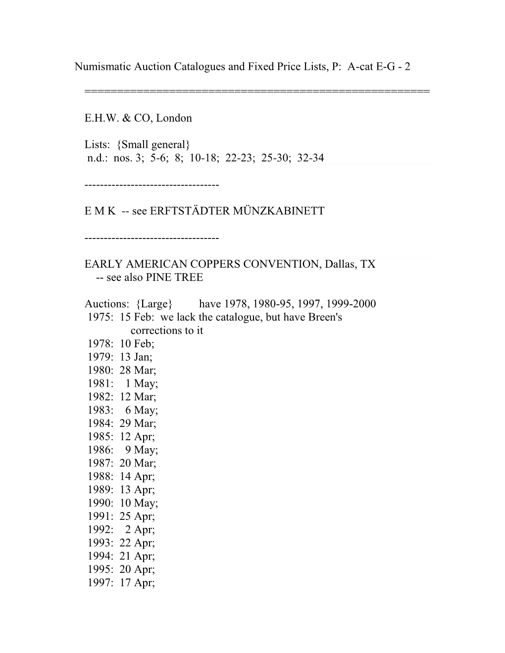 Numismatic Auction Catalogues and Fixed Price Lists, P: A-Cat E-G - 2