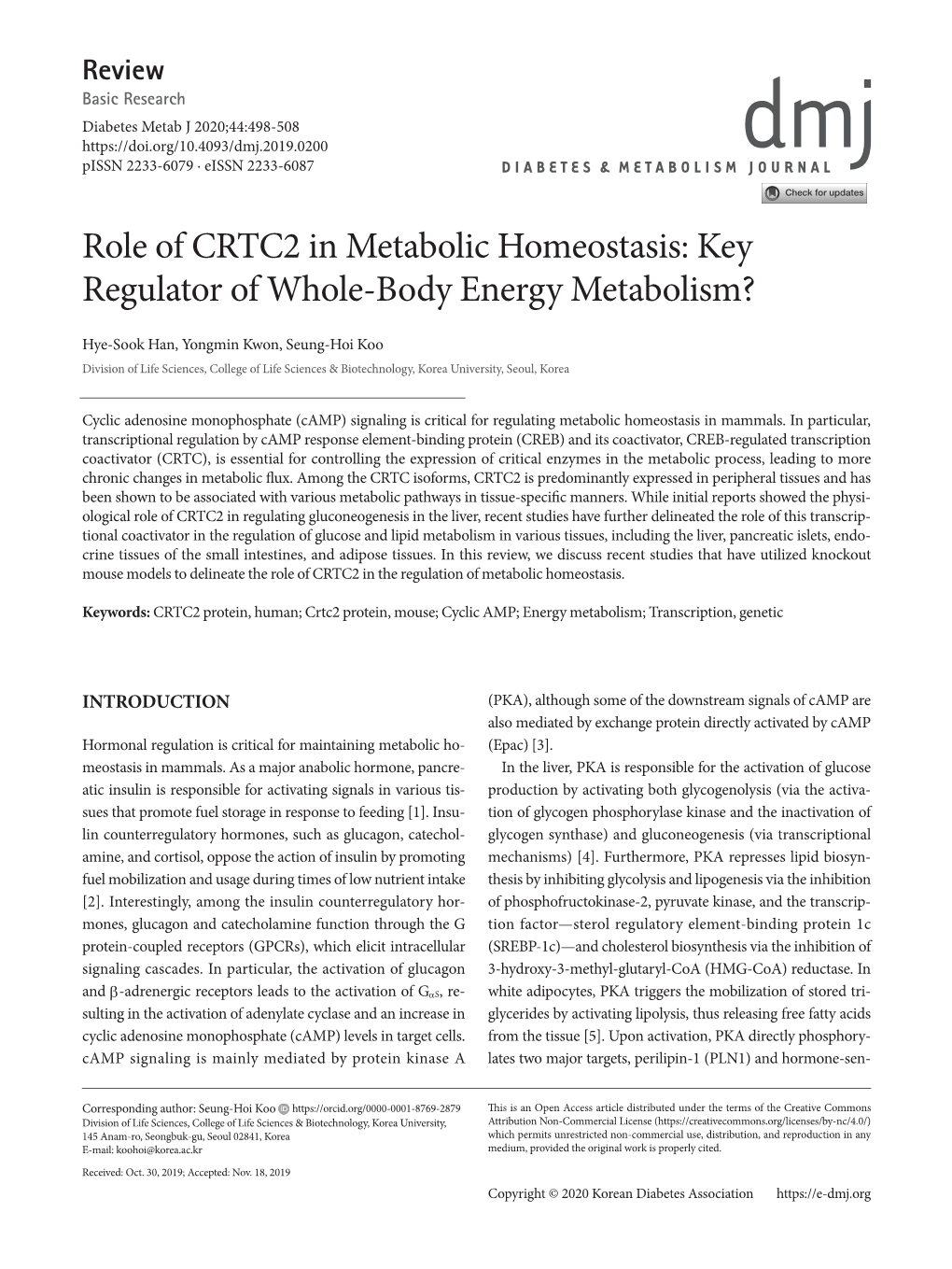 Role of CRTC2 in Metabolic Homeostasis: Key Regulator of Whole-Body Energy Metabolism?