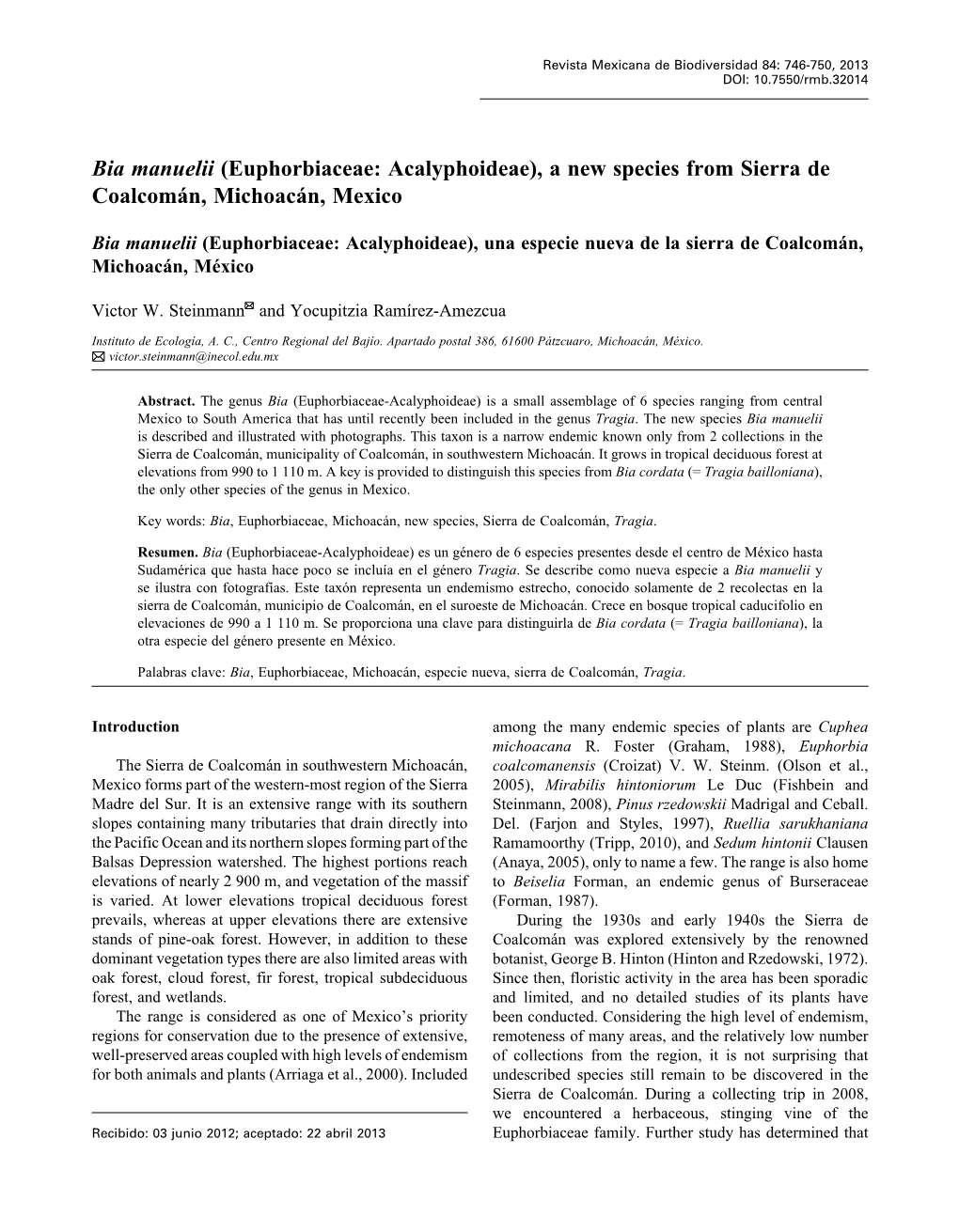 Bia Manuelii (Euphorbiaceae: Acalyphoideae), a New Species from Sierra De Coalcomán, Michoacán, Mexico