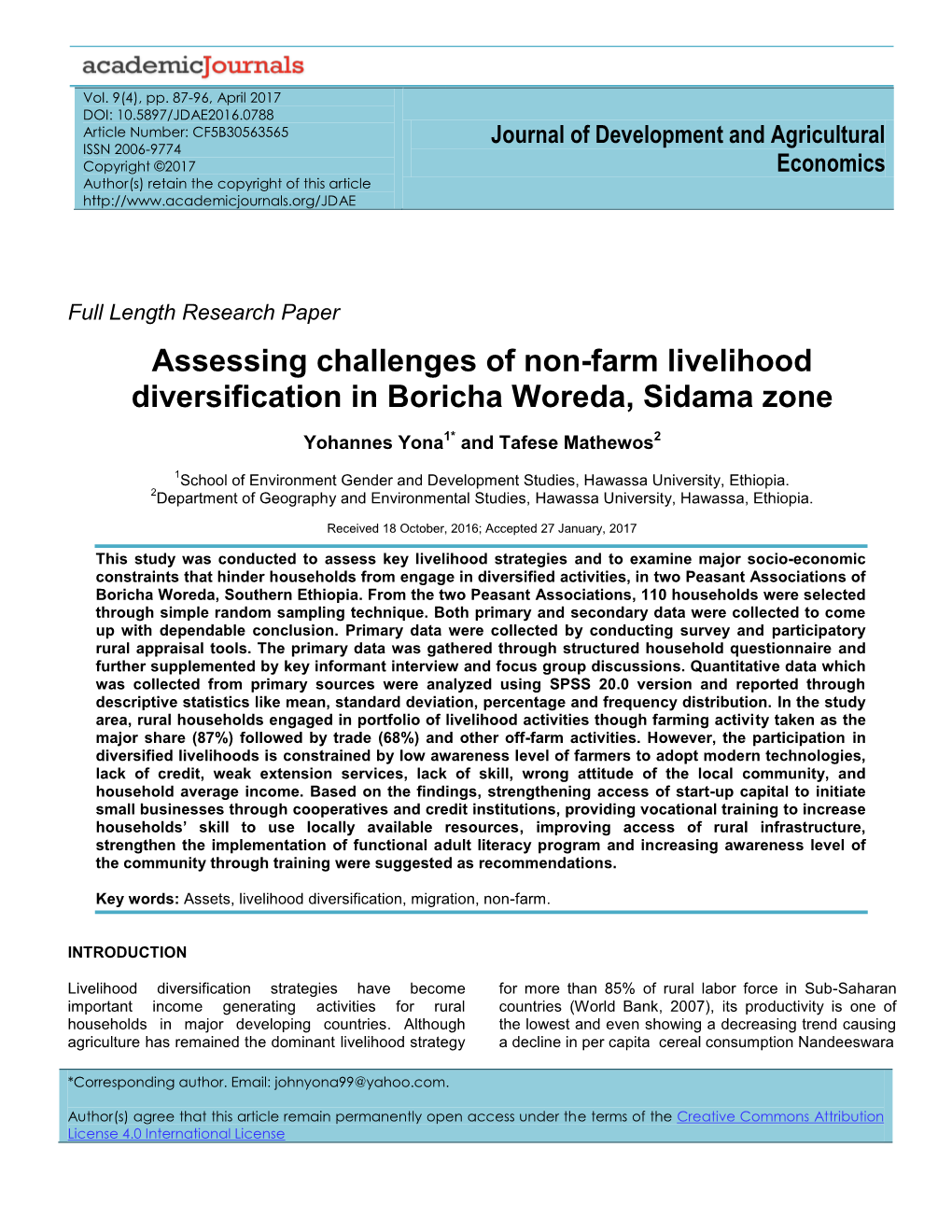 Assessing Challenges of Non-Farm Livelihood Diversification in Boricha Woreda, Sidama Zone