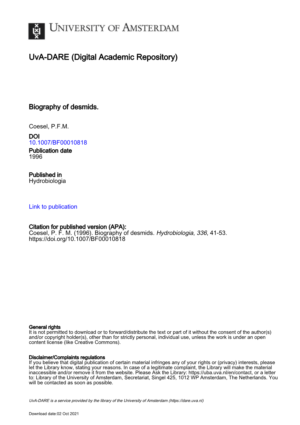 5. Biogeography of Desmids