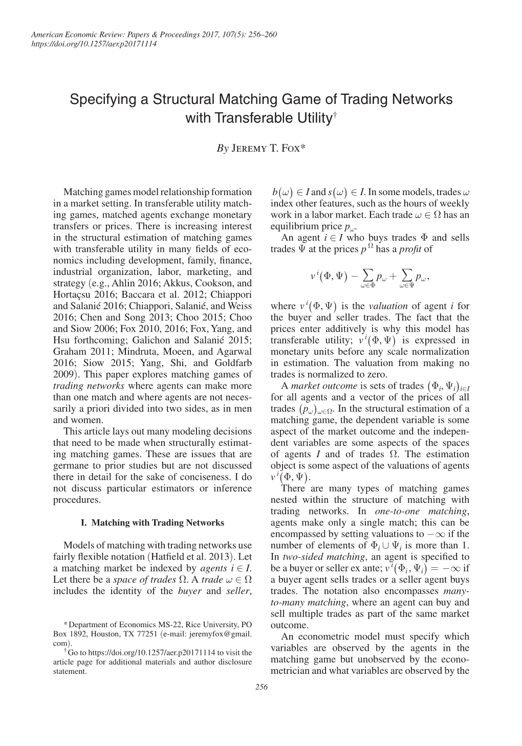 Specifying a Structural Matching Game of Trading Networks with Transferable Utility†