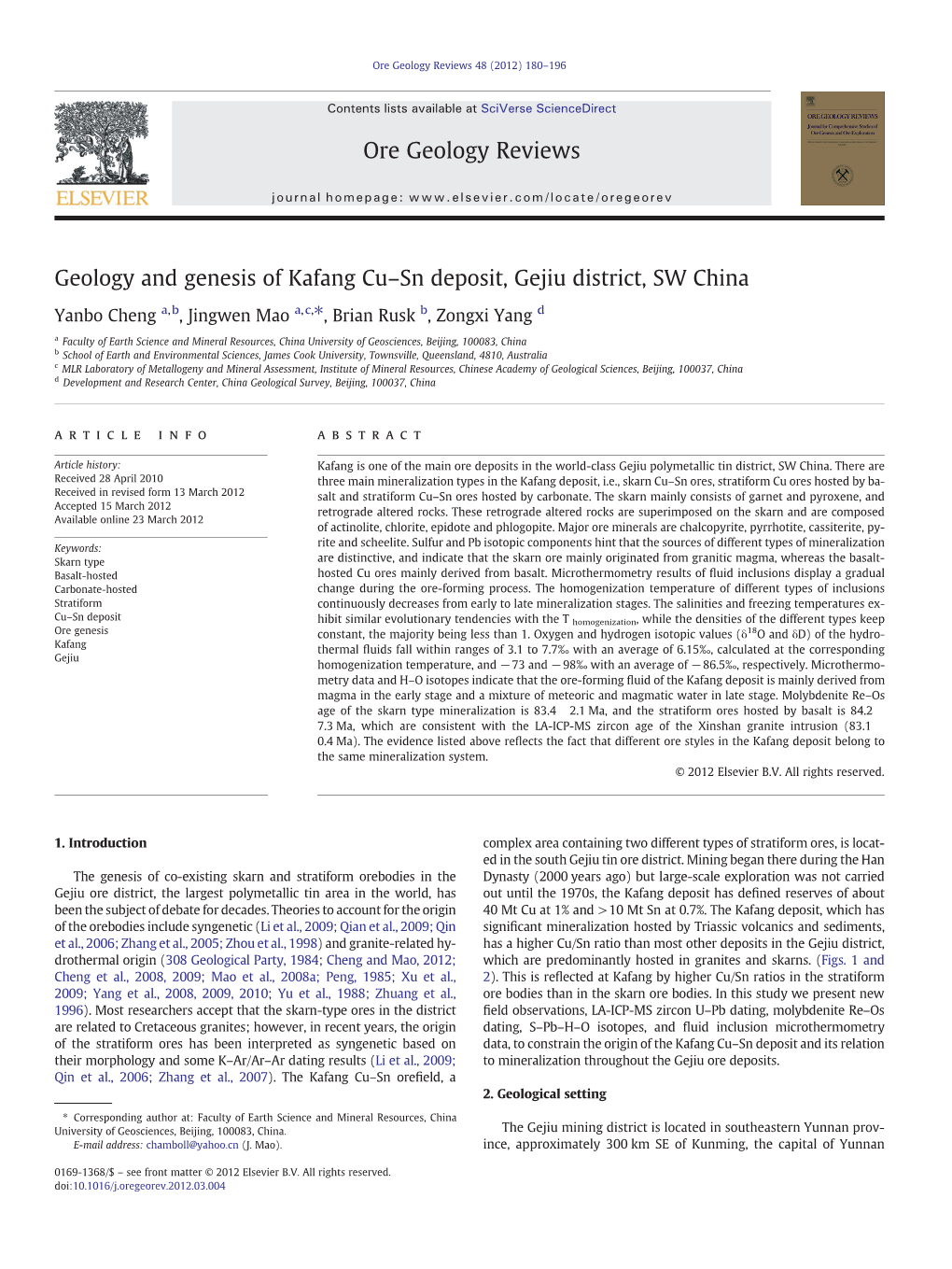 Geology and Genesis of Kafang Cu–Sn Deposit, Gejiu District, SW China