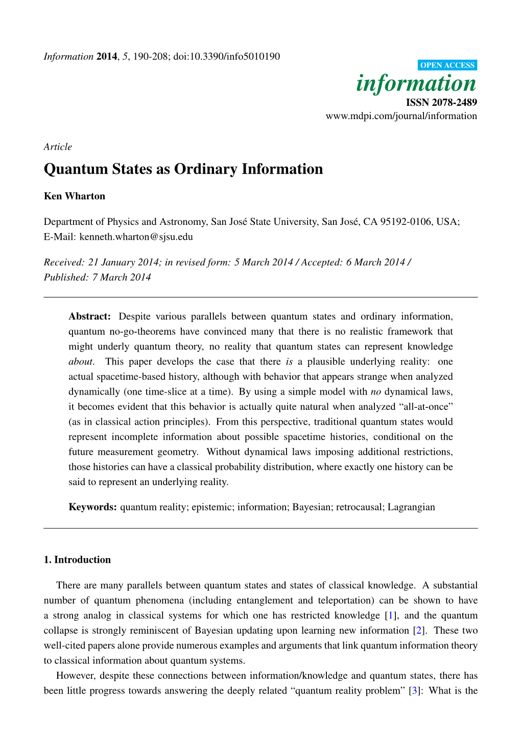 Quantum States As Ordinary Information