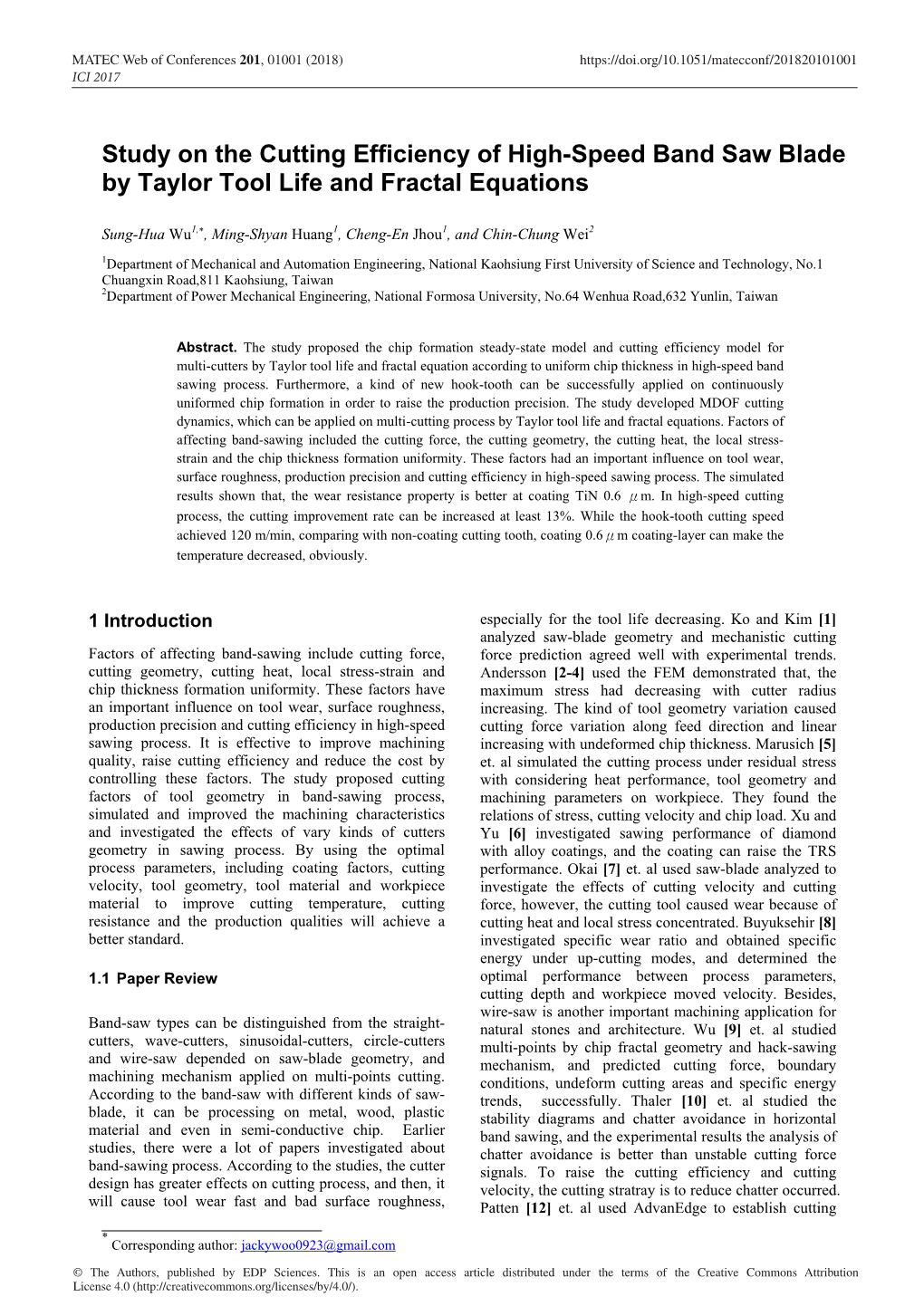 Study on the Cutting Efficiency of High-Speed Band Saw Blade by Taylor Tool Life and Fractal Equations