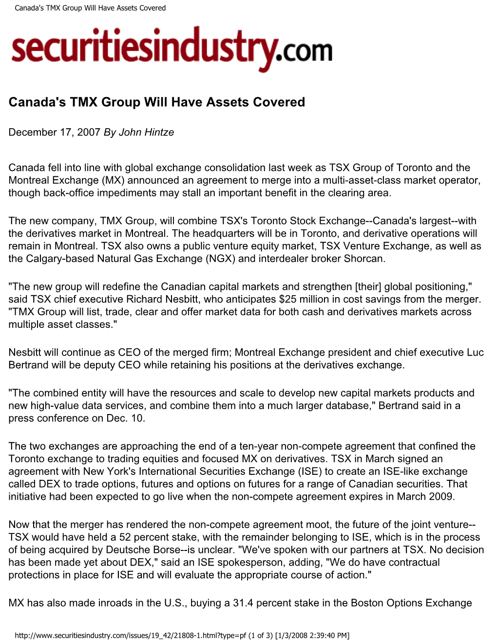 Canada's TMX Group Will Have Assets Covered