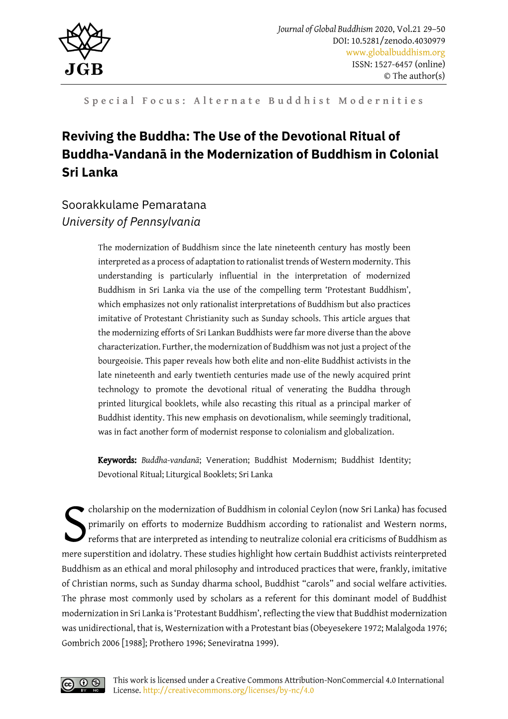 The Use of the Devotional Ritual of Buddha-Vandanā in the Modernization of Buddhism in Colonial Sri Lanka