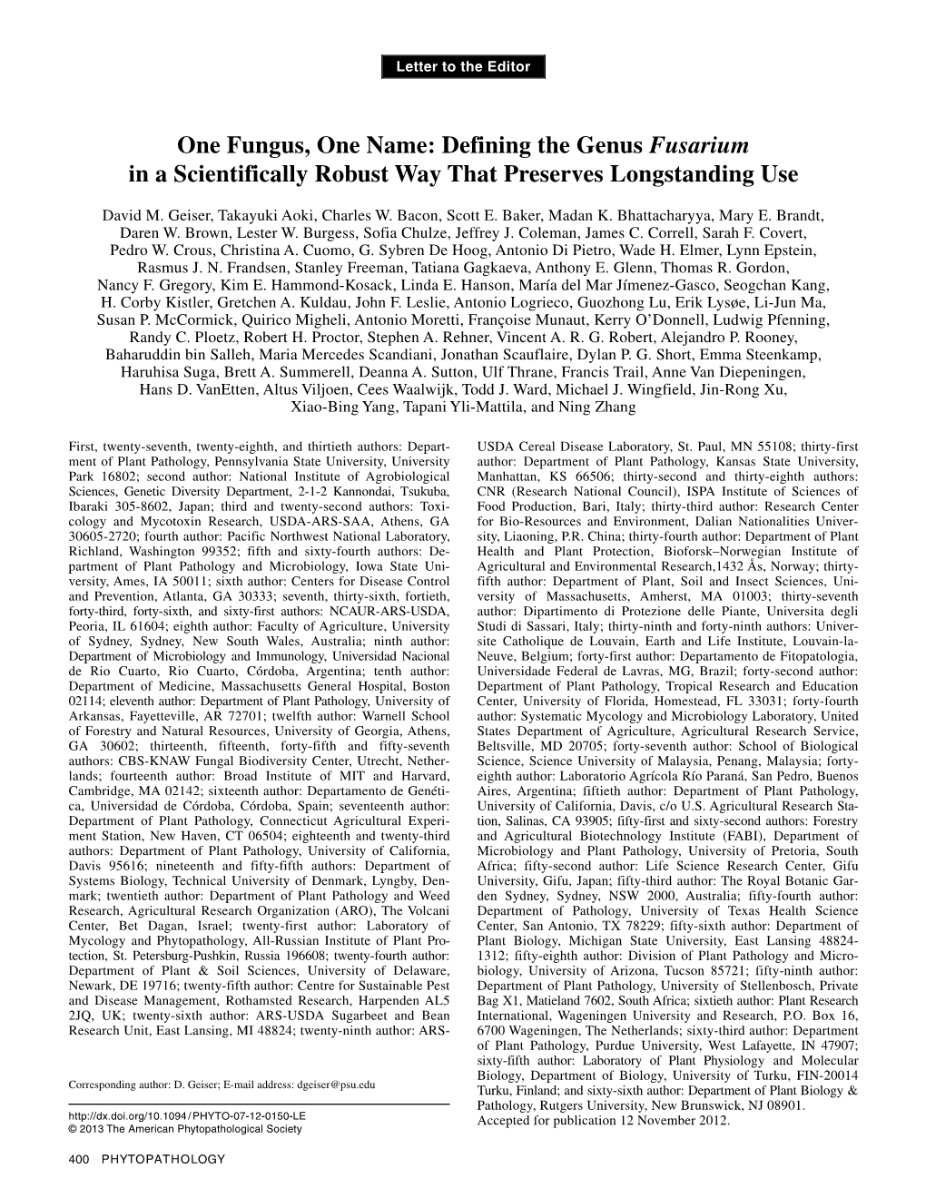 One Fungus, One Name: Defining the Genus Fusarium in a Scientifically Robust Way That Preserves Longstanding Use