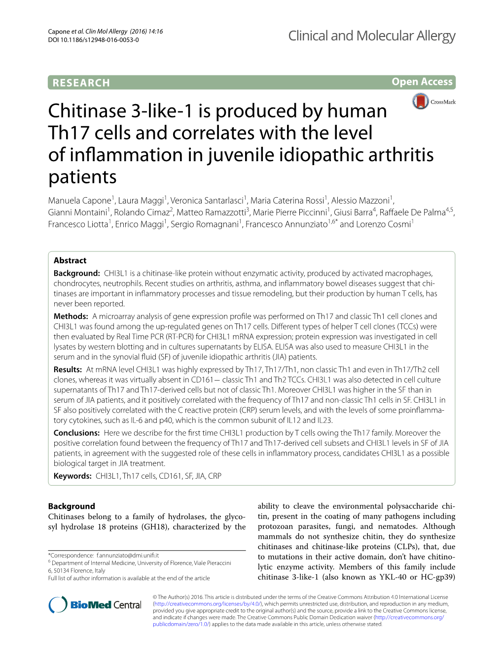 Chitinase 3-Like-1 Is Produced by Human Th17 Cells and Correlates