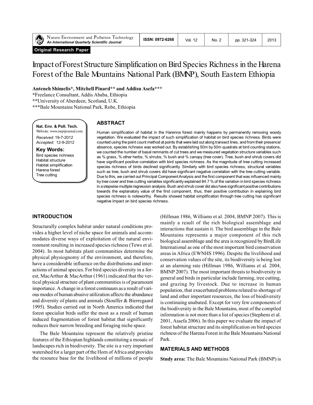 Impact of Forest Structure Simplification on Bird Species Richness in the Harena Forest of the Bale Mountains National Park (BMNP), South Eastern Ethiopia