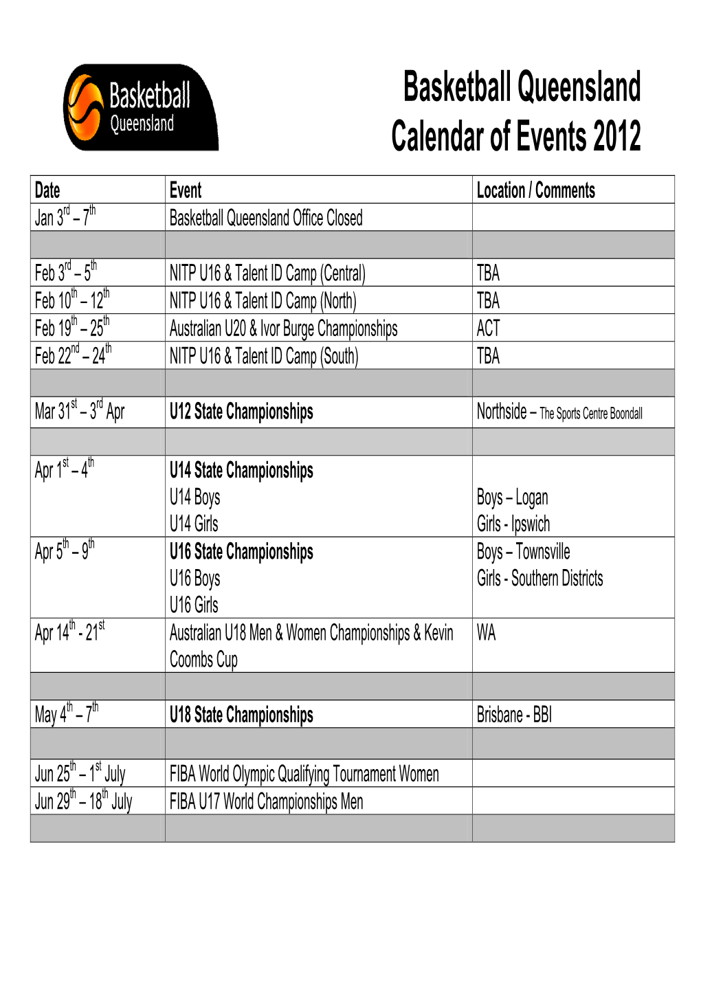 Basketball Queensland Calendar of Events 2012