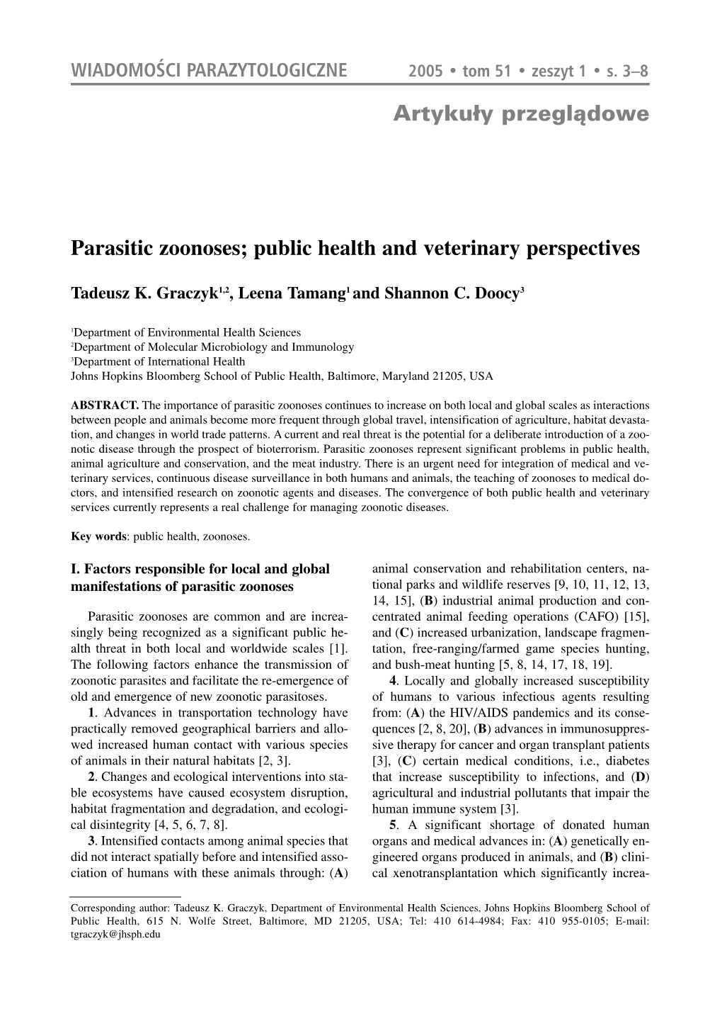Parasitic Zoonoses; Public Health and Veterinary Perspectives