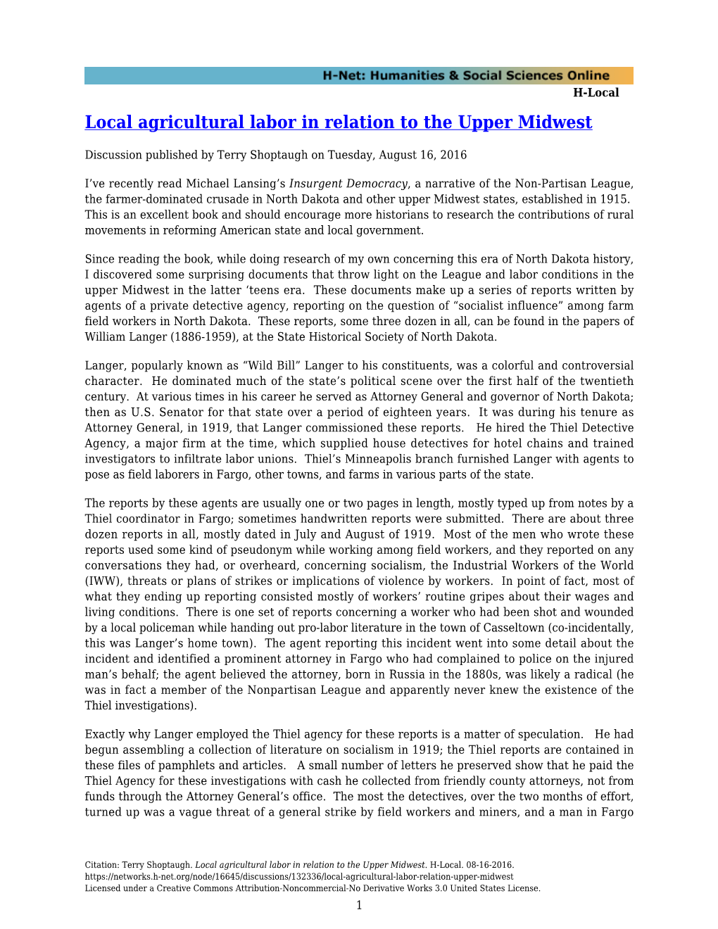 Local Agricultural Labor in Relation to the Upper Midwest