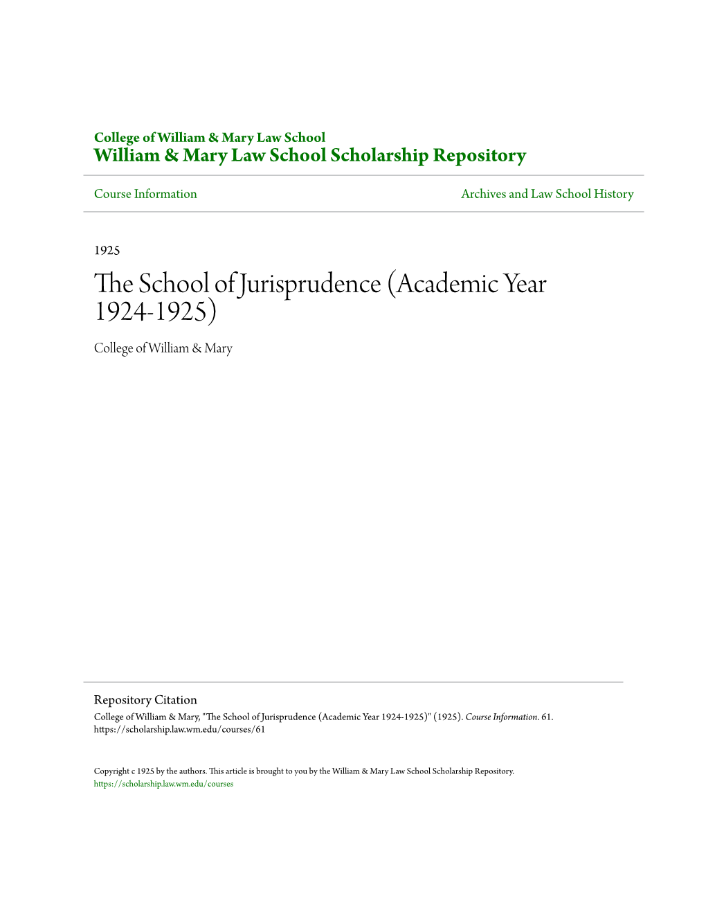 The School of Jurisprudence (Academic Year 1924-1925)