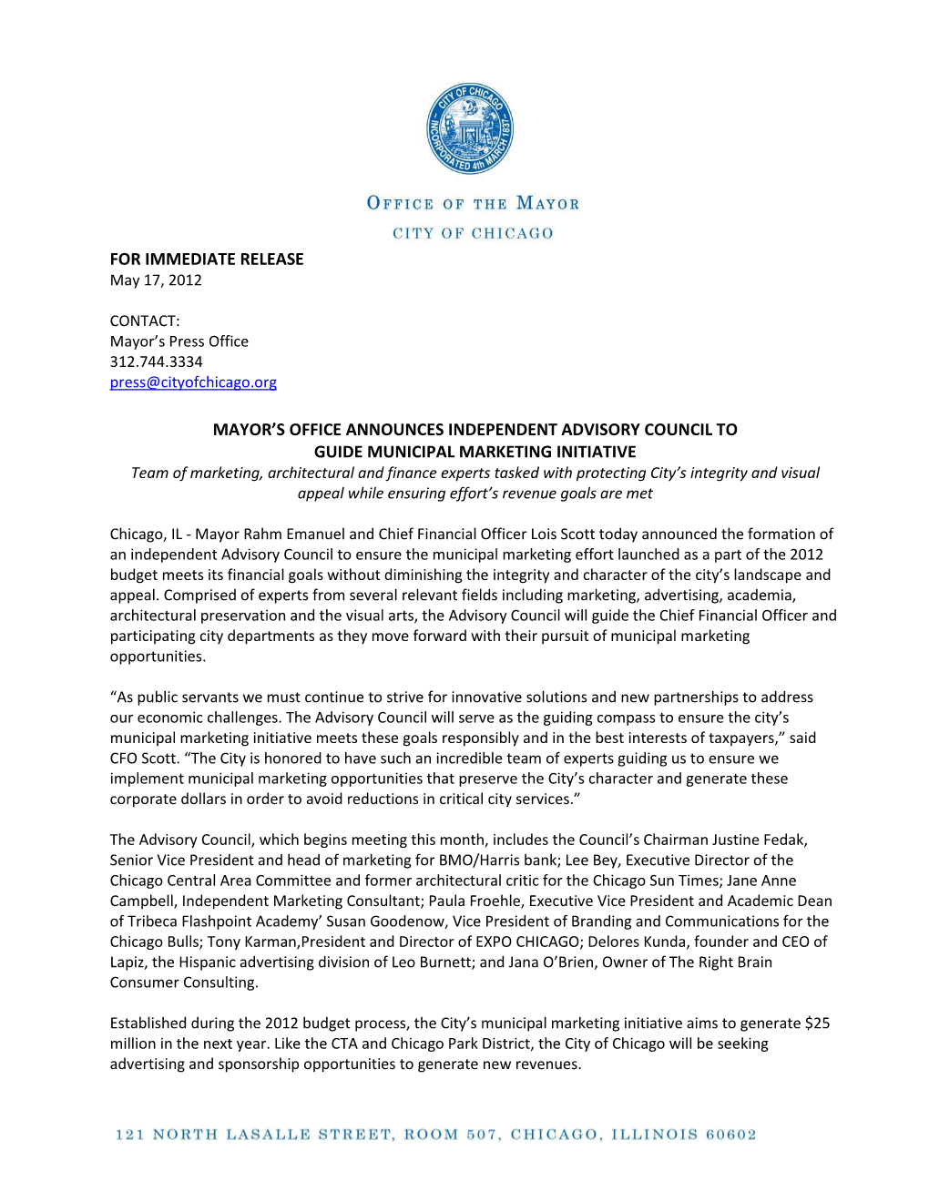 For Immediate Release Mayor's Office Announces