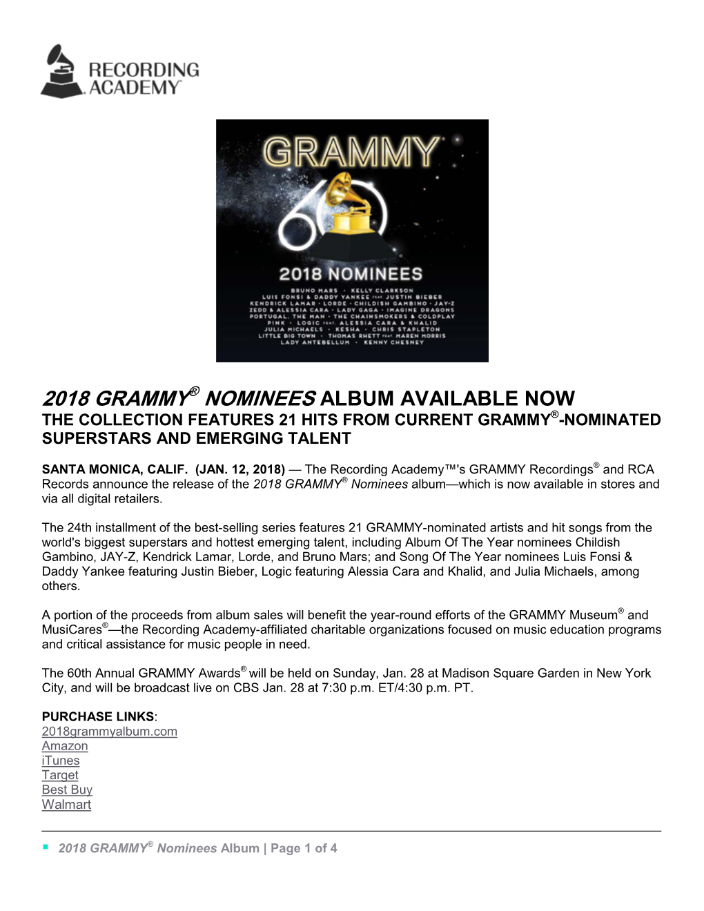 2018 Grammy® Nominees Album Available Now the Collection Features 21 Hits from Current Grammy®-Nominated Superstars and Emerging Talent