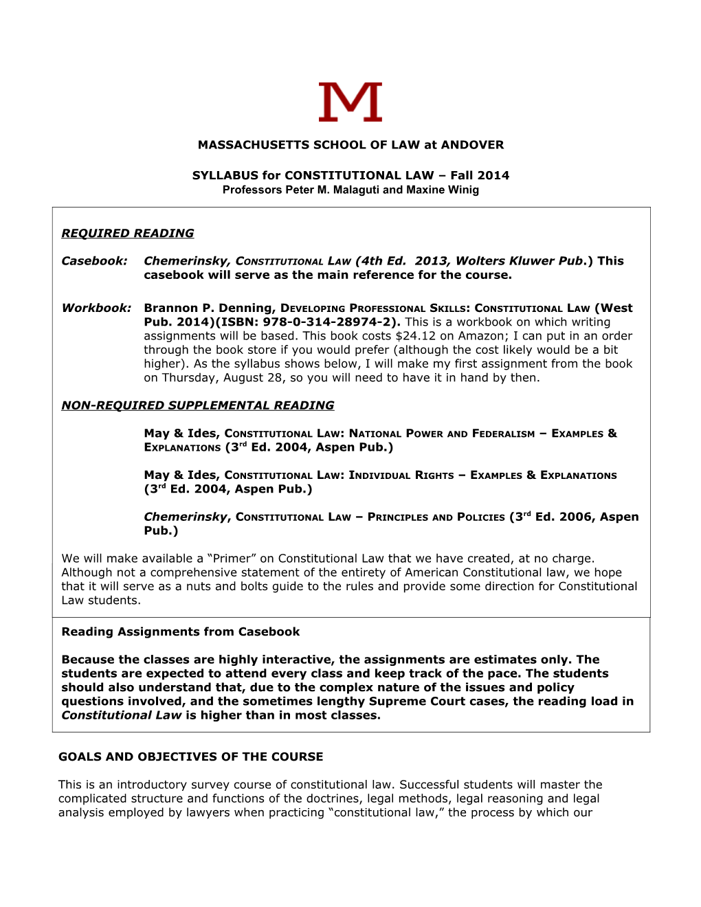 SYLLABUS for CONSTITUTIONAL LAW Fall 2014