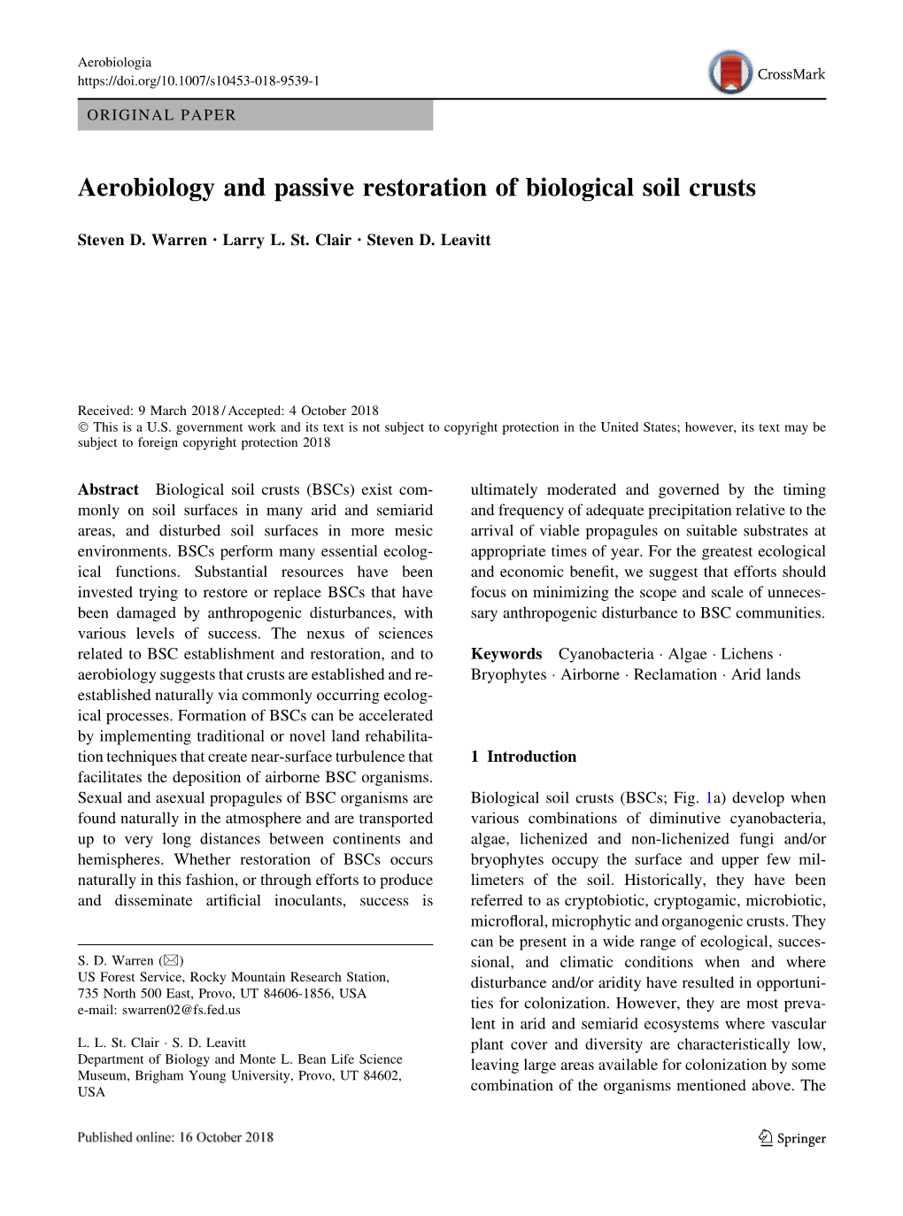 Aerobiology and Passive Restoration of Biological Soil Crusts