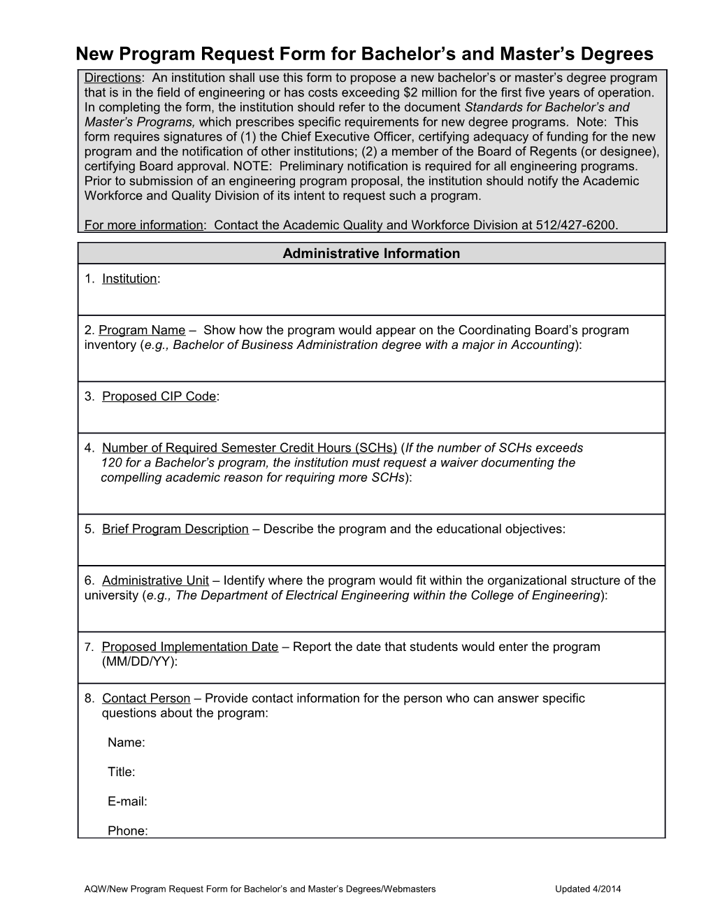 New Program Request Form for Bachelor S and Master S Degrees