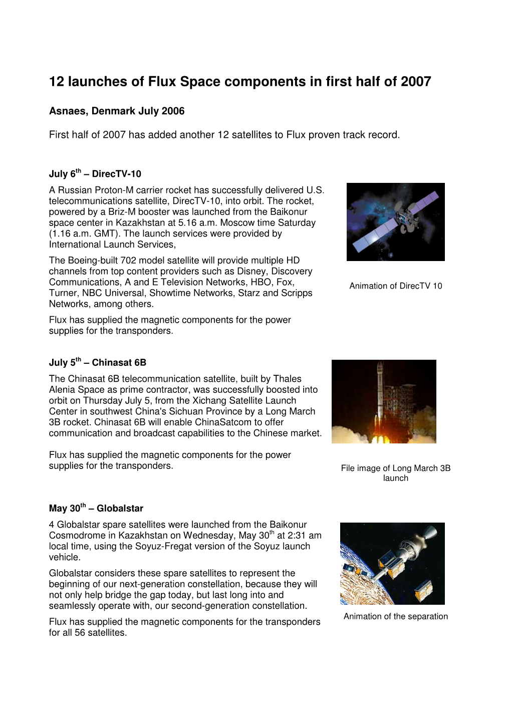 12 Launches of Flux Space Components in First Half of 2007