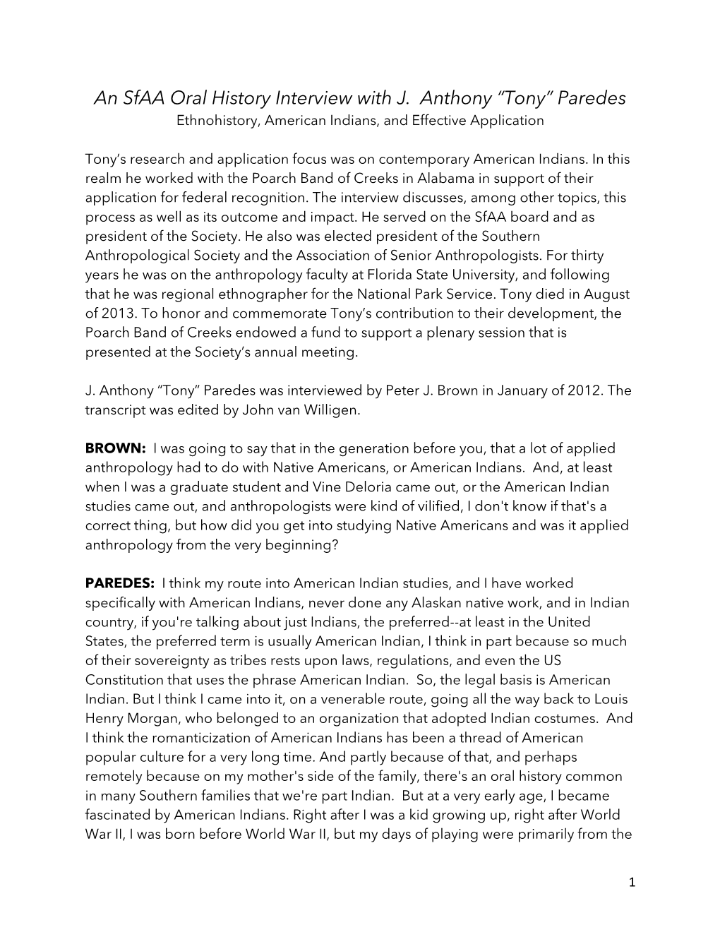 An Sfaa Oral History Interview with J. Anthony “Tony” Paredes Ethnohistory, American Indians, and Effective Application