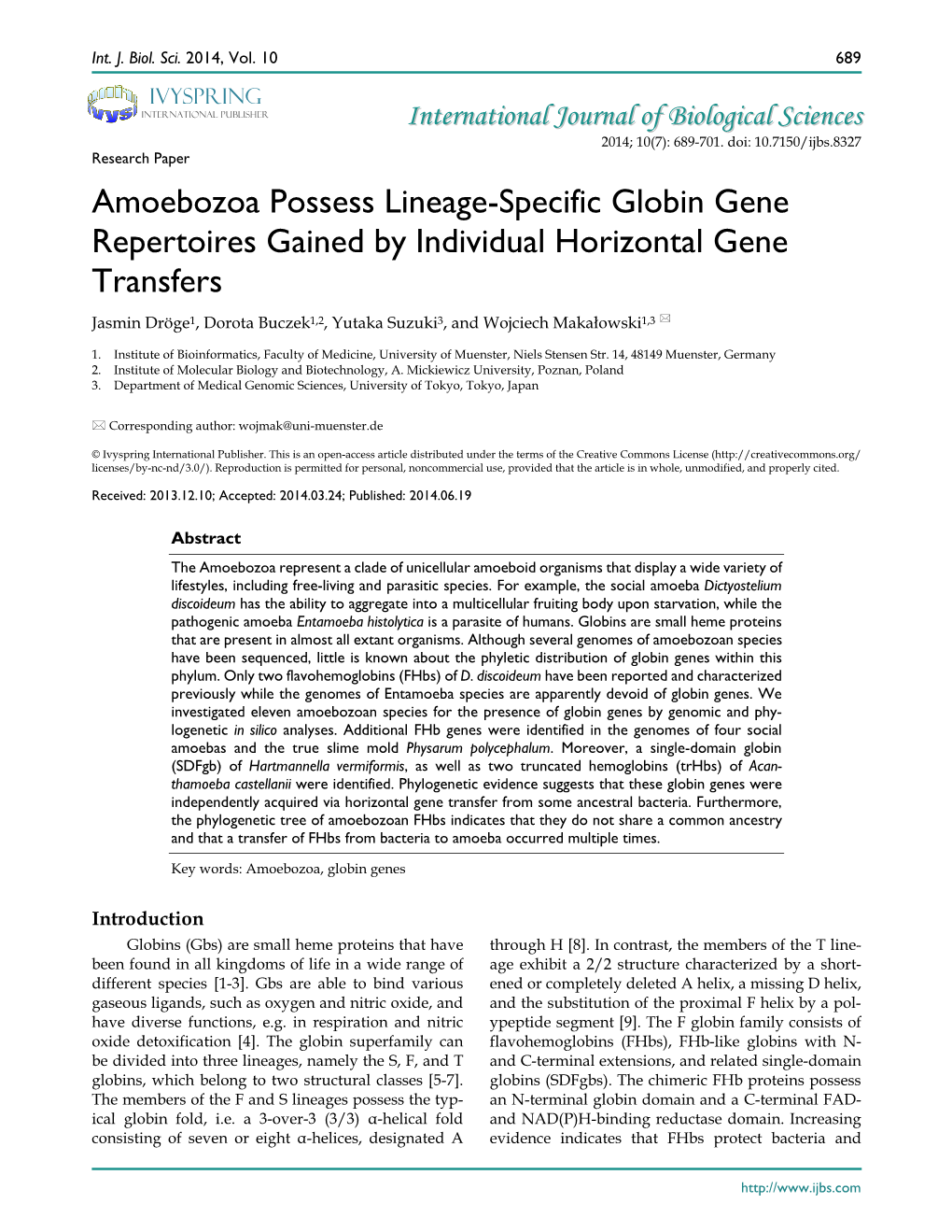 Amoebozoa Possess Lineage-Specific Globin Gene Repertoires Gained by Individual Horizontal Gene Transfers