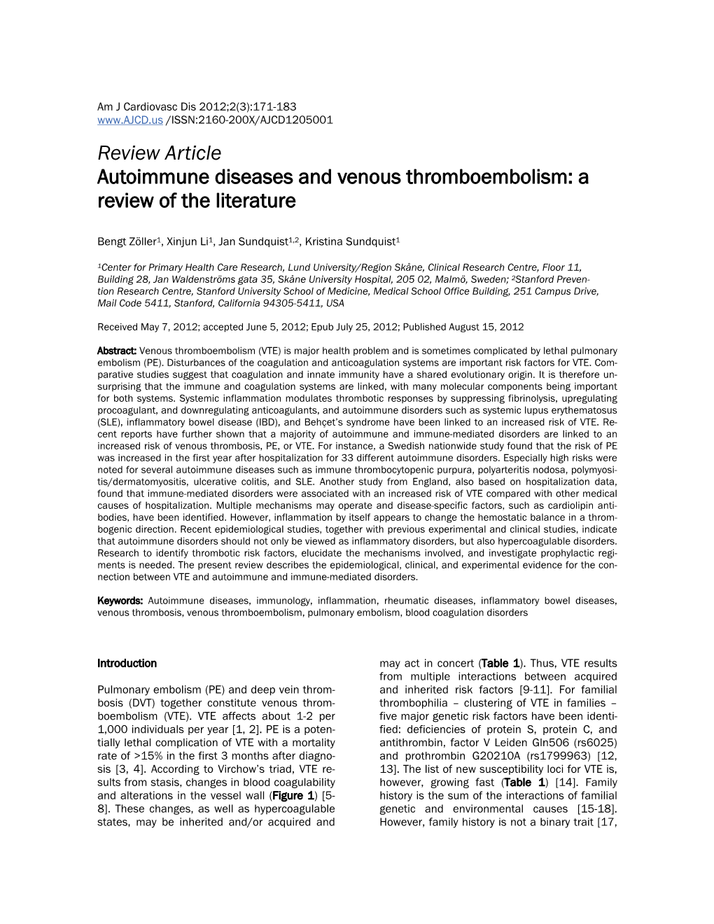 Review Article Autoimmune Diseases and Venous Thromboembolism: a Review of the Literature