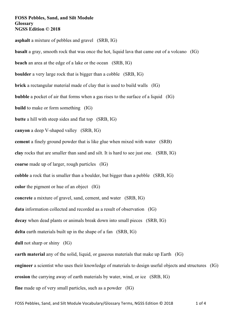 FOSS Pebbles, Sand, and Silt Module Glossary NGSS Edition