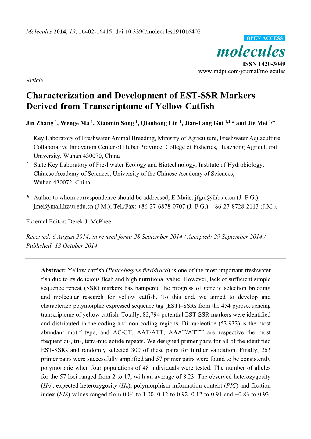 Characterization and Development of EST-SSR Markers Derived from Transcriptome of Yellow Catfish