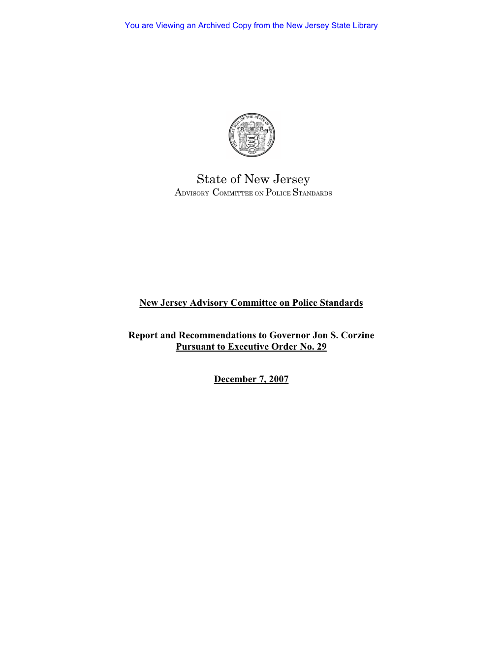 State of New Jersey ADVISORY COMMITTEE on POLICE STANDARDS