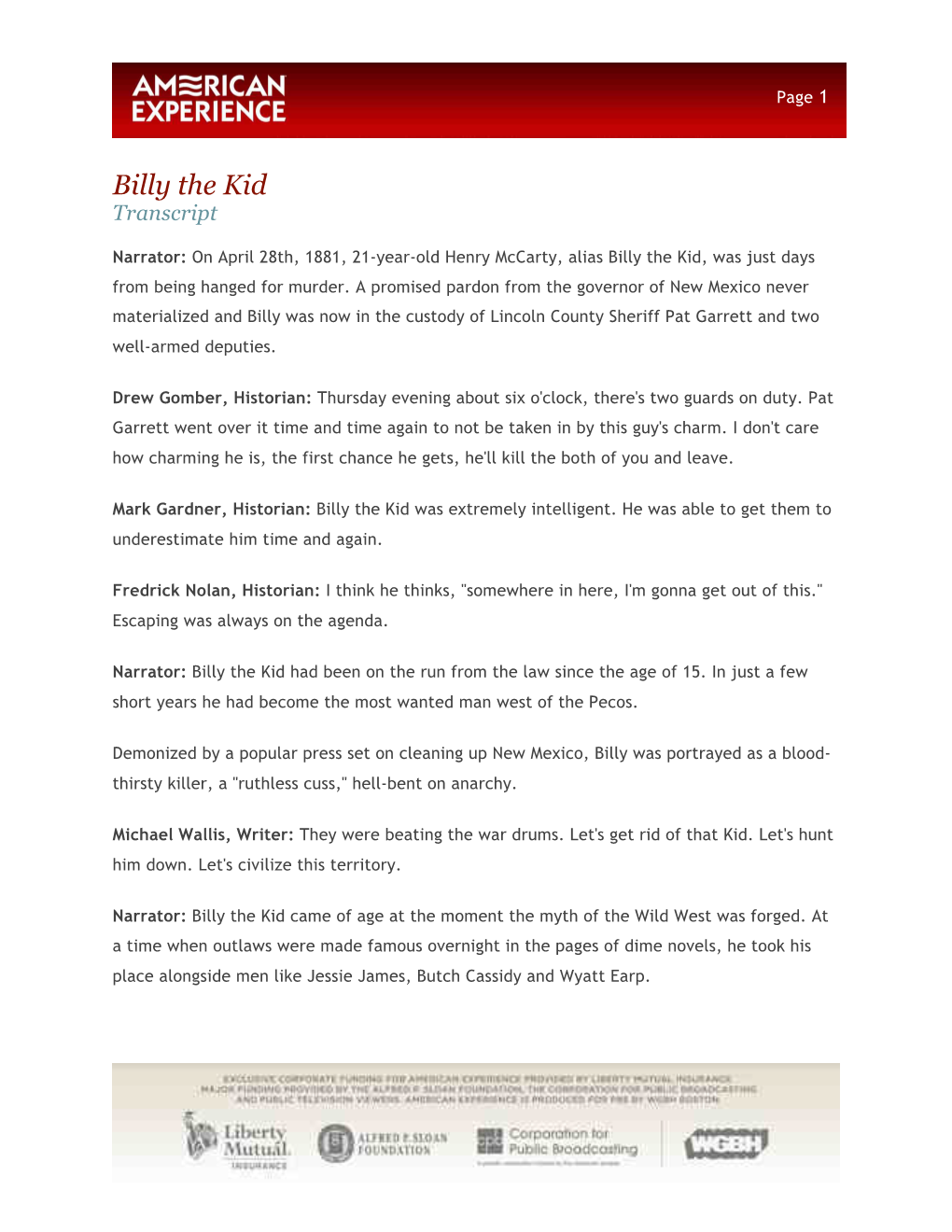 Billy the Kid Transcript