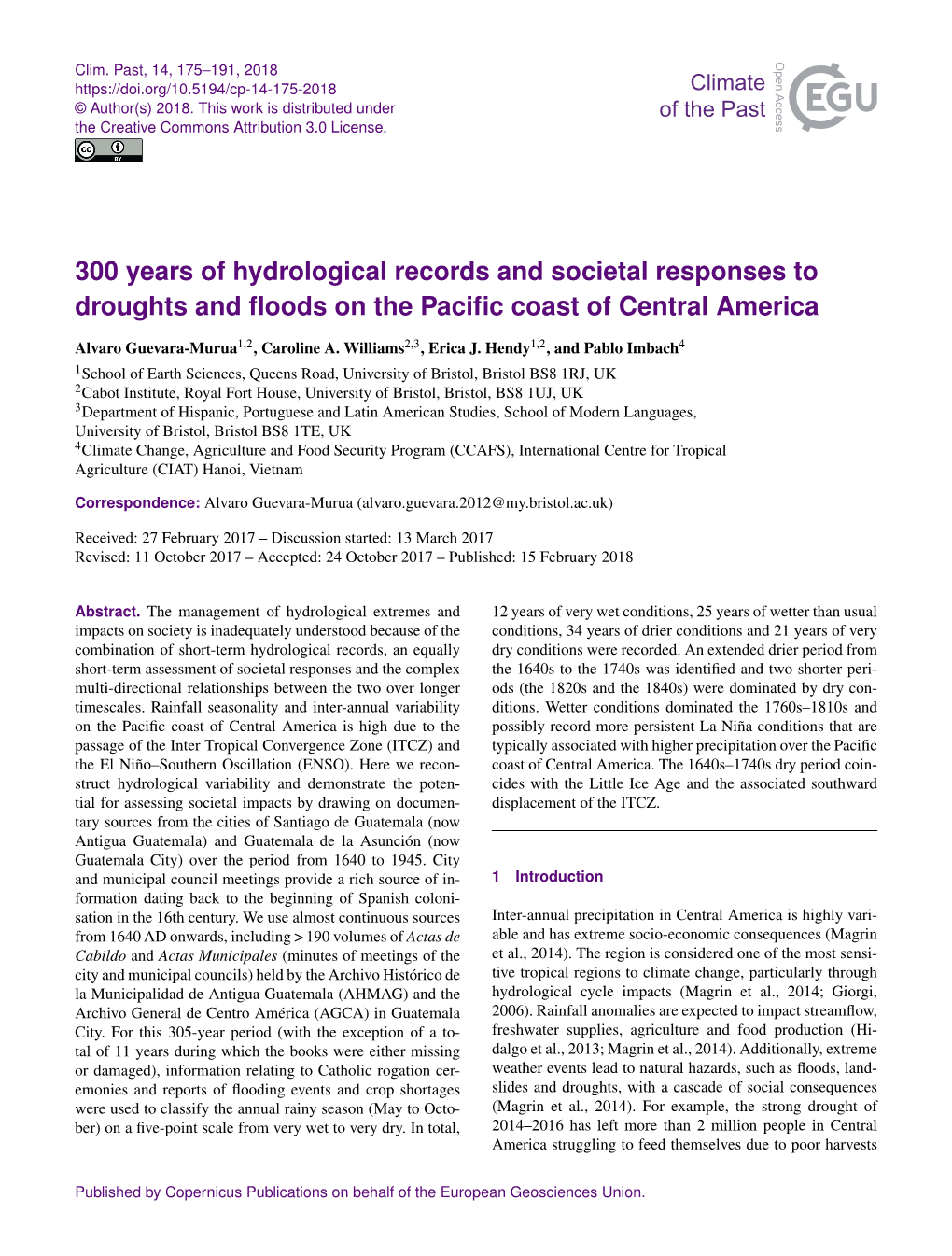 300 Years of Hydrological Records and Societal Responses to Droughts and ﬂoods on the Paciﬁc Coast of Central America