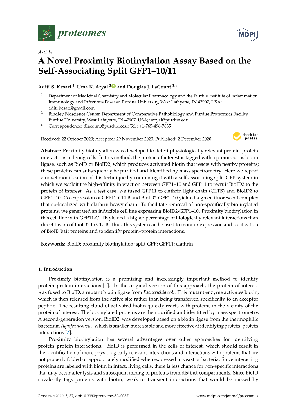 A Novel Proximity Biotinylation Assay Based on the Self-Associating Split GFP1–10/11