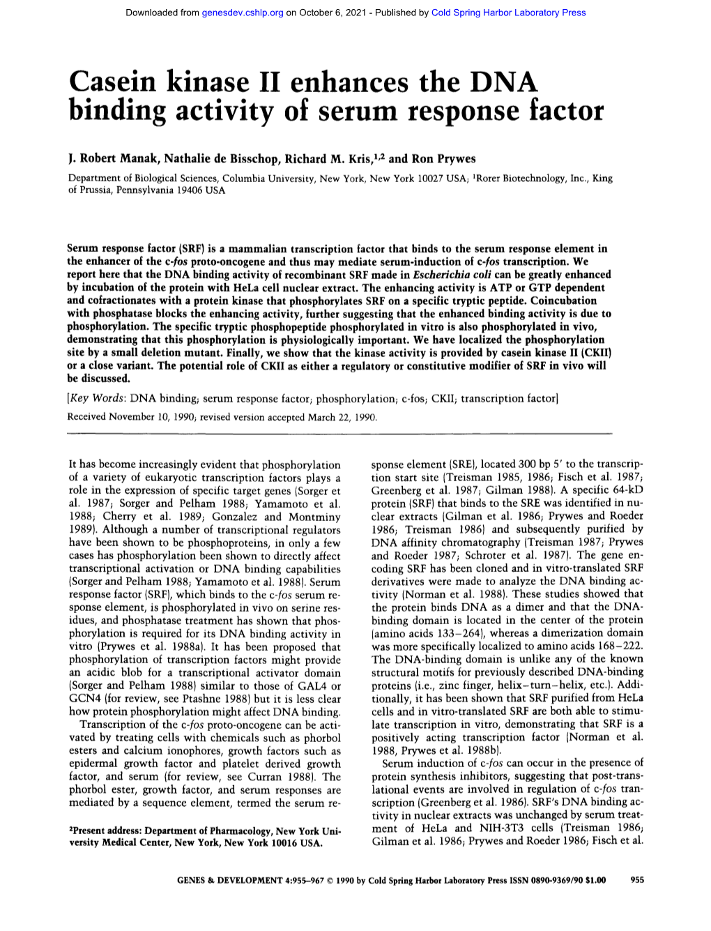 Casein Kinase II Enhances the DNA Binding Activity of Serum Response Factor