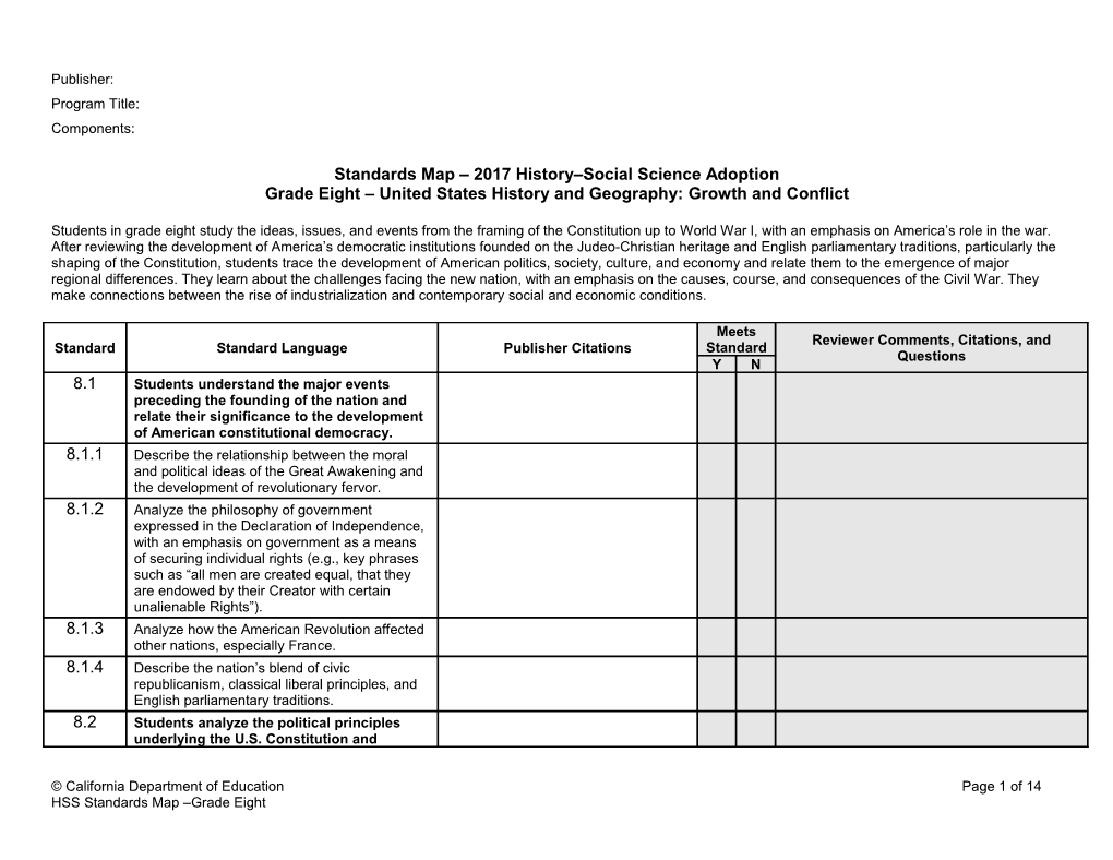 H-SS Standards Map, Grade 8 - Instructional Materials (CA Dept of Education)